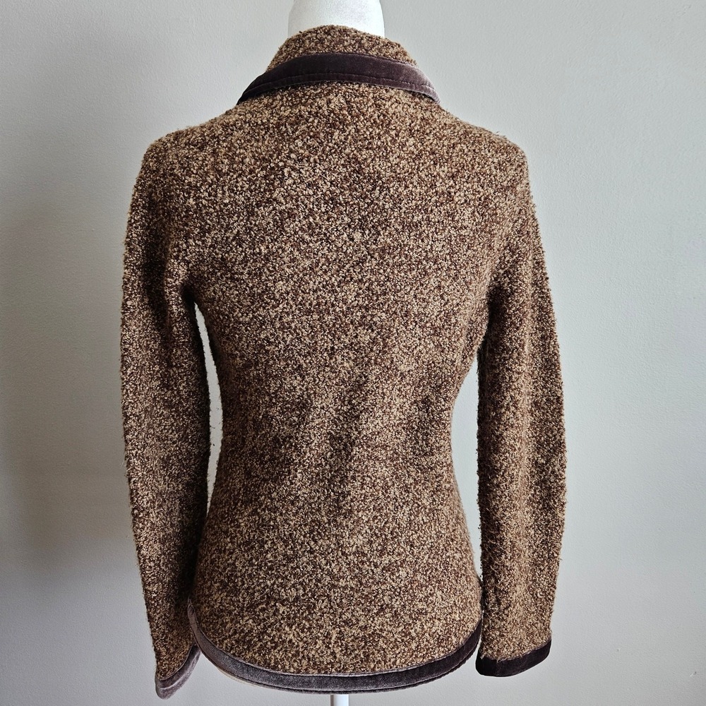 Anthropologie HWR Velvet Trim Boucle‎ Cardigan Blazer Women M Brown Wool Blend - Picture 2 of 13